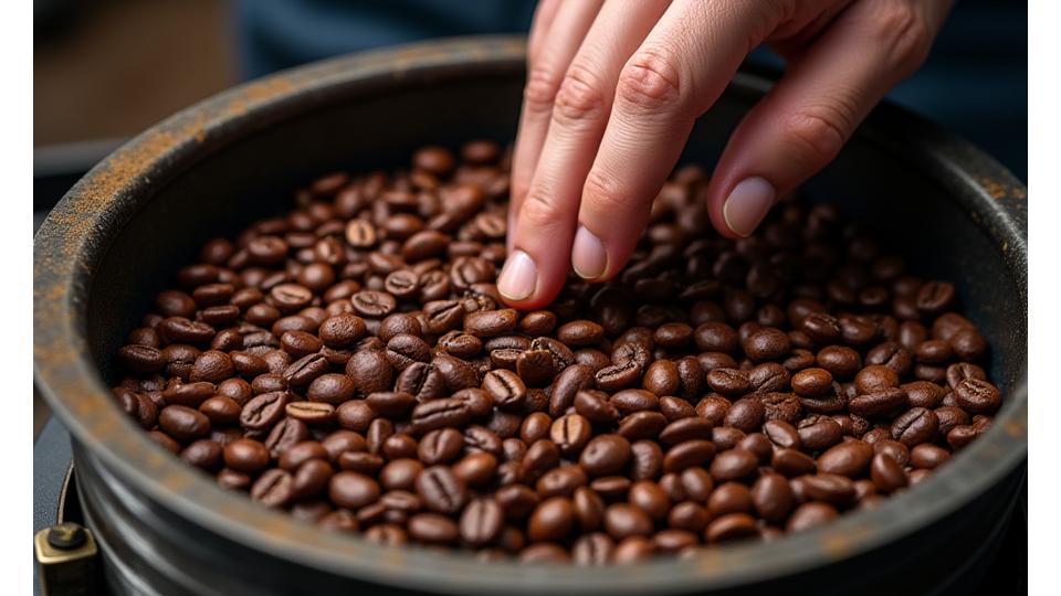 An overhead shot of a roastery with fresh roasted coffee beans on a cooling tray, showing attention to detail and quality.