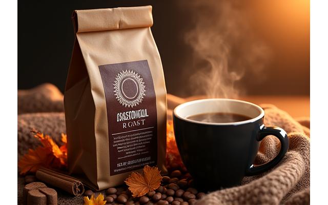 Seasonal coffee beans and a cozy autumnal coffee cup, with subtle hints of spices or seasonal elements.